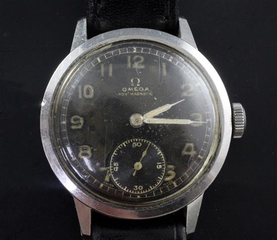 A gentlemans 1940s/1950s stainless steel Omega (non magnetic) manual wind wrist watch,